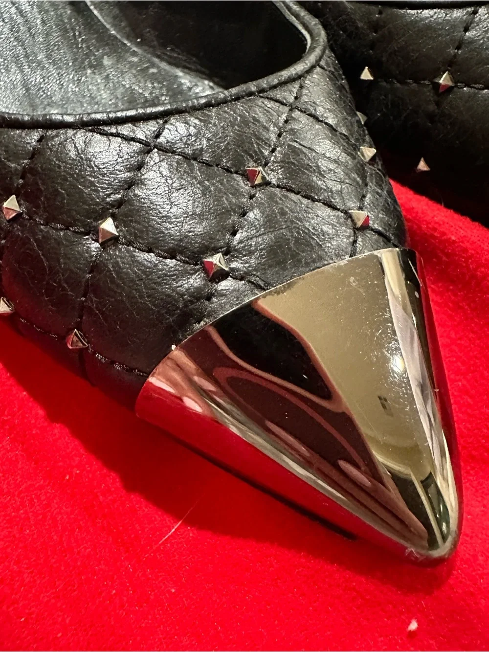 Valentino Garavani Black Quilted Flats with Silver Pointed Caps